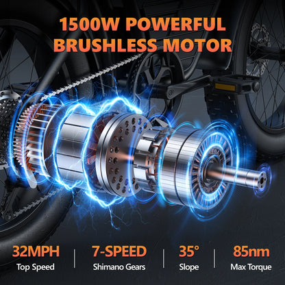 Kickwey K7 Adult Electric Bike — 1500W 48V 23Ah Mountain E-Bike, 20" Fat Tires, Off-Road Outdoor Adventure