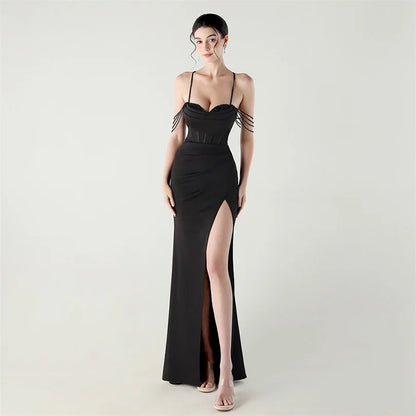 DEERVEADO Women’s Satin Strap Evening Dress — Beaded Sexy Mermaid Slit Long Formal Party Gown