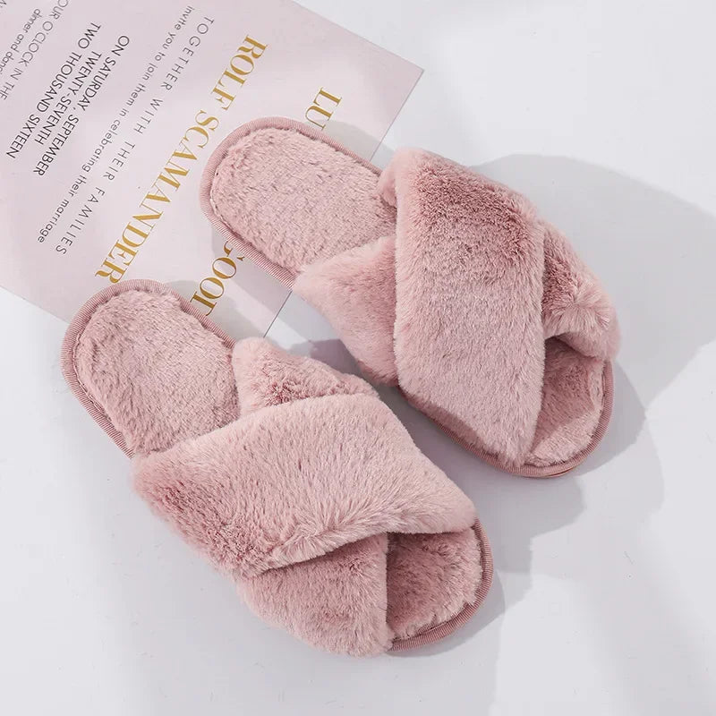 Winter Women’s House Slippers – Faux Fur Slip-On Flats, Cozy Warm Home Slides in Black & Pink