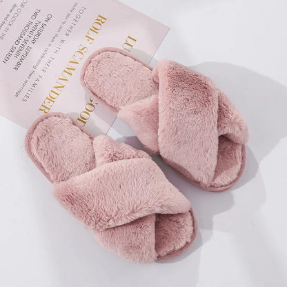 Winter Women’s House Slippers – Faux Fur Slip-On Flats, Cozy Warm Home Slides in Black & Pink