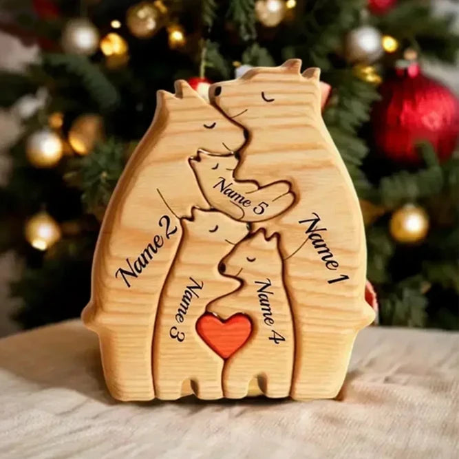 Personalized Wooden Bear Family Puzzle – Custom Name Home Decor, Thanksgiving & Christmas Gift for Mom & Baby