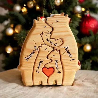 Personalized Wooden Bear Family Puzzle – Custom Name Home Decor, Thanksgiving & Christmas Gift for Mom & Baby