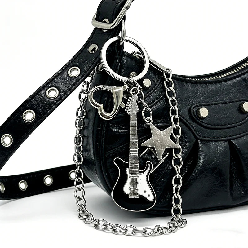 Electric Guitar Couple Keychain Set - Black & White Star Heart Charms for Music Lovers, Bags & Car Keys