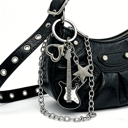 Electric Guitar Couple Keychain Set - Black & White Star Heart Charms for Music Lovers, Bags & Car Keys