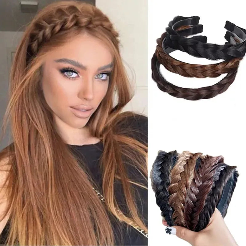 Bohemian Twist Braided Wig Headband - Fashionable Synthetic Hair Accessory for Women, Perfect Stretchable Hairband for Parties