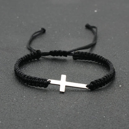 Adjustable Stainless Steel Cross Bracelet with Handwoven Colored Cord – Unisex Couple Friendship Jewelry