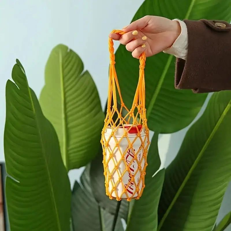 Portable Crochet Cup Holder Bag – Foldable Woven Bottle & Coffee Mug Carry Net Cover