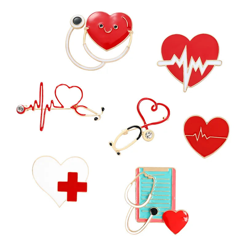 European & American Creative Badge Jewelry — Personalized Cartoon Hearing Device Pin, Love Red Cross Baked Paint Alloy Accessory