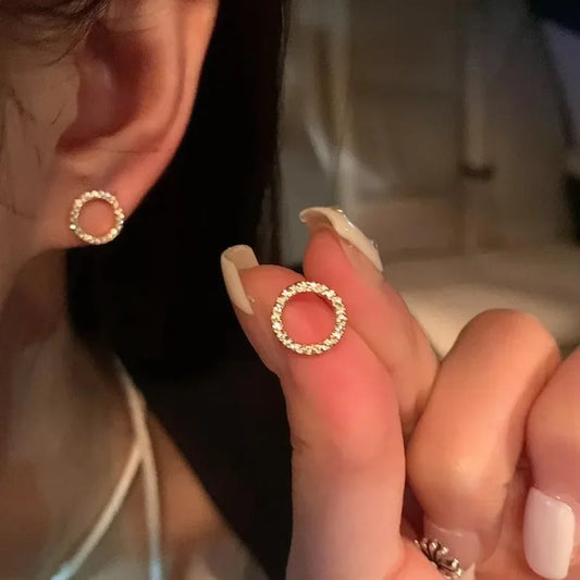 New Delicate Small Circle Stud Earrings for Women - Gold Color Crystal, Minimalist Korean Style, Summer Party Fashion Jewelry Accessories