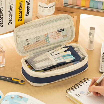 Cute Macaron Canvas Pencil Case - Large Capacity Double-Layer Kawaii School Stationery Pouch for Girls & Kids