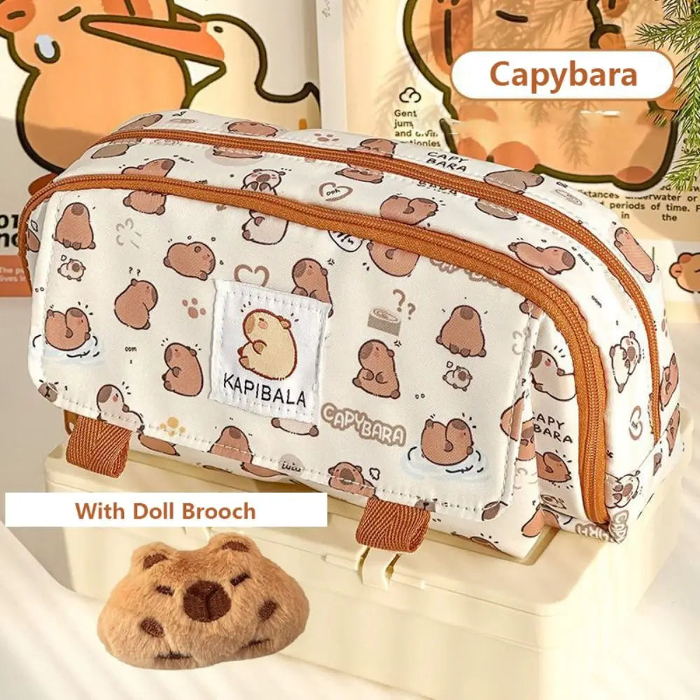 INS Capybara Four-Layer Large Capacity Pen Bag - Cute Cartoon Pencil Case, Stationery Organizer & Storage Bag for Students, Perfect Gift