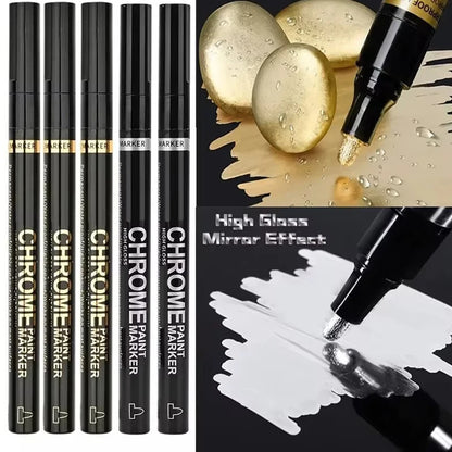 Chrome Paint Marker Pen - Waterproof Gold & Silver Metallic Repair Marker for Glass, Ceramic, Rock & Metal, 2mm Nib