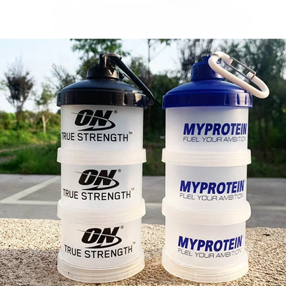 3-Layer Portable Protein Powder Box – Funnel & Handle for Fitness Supplements, Snacks & Medicine