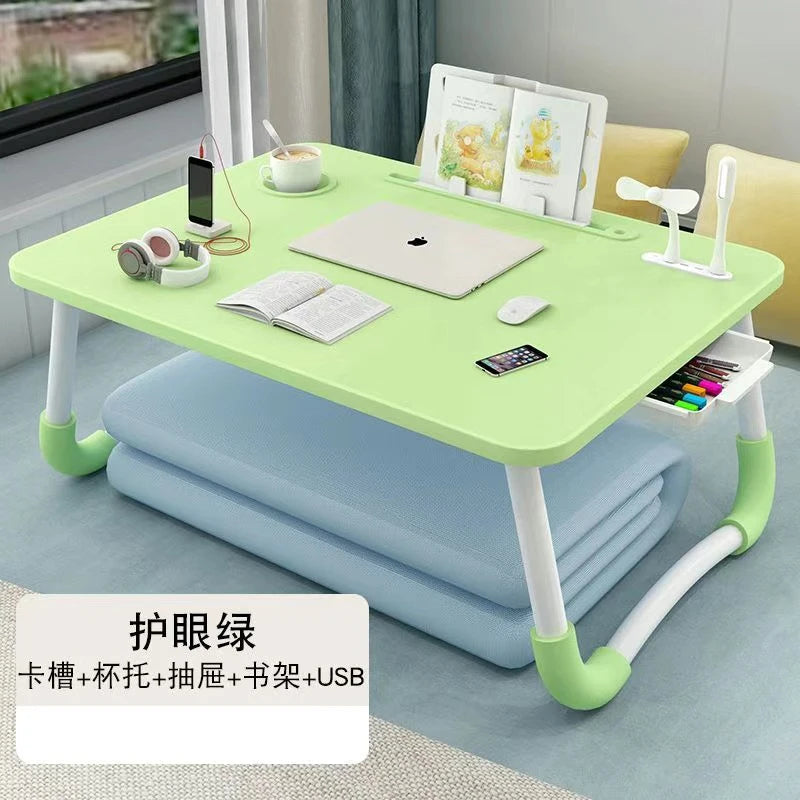 Foldable Laptop Desk for Bed & Sofa – Portable Lap Table with Cup, Book Holder, Drawer, and USB Slot