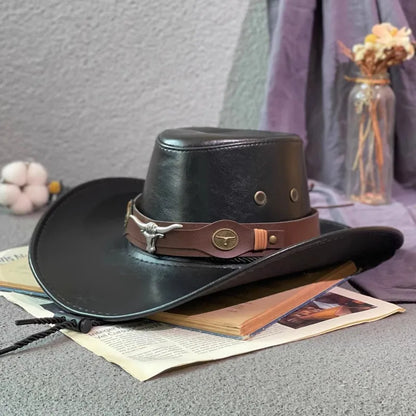 Faux Leather Western Cowboy Hat — Vintage Panama Sombrero Jazz Cap for Men & Women