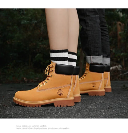 High Top Leather Boots for Men & Women – Fashion Lace-Up Outdoor Sneakers, Non-Slip Casual Ankle Shoes for Couples