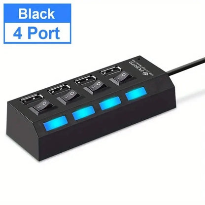 High-Speed USB 2.0 Hub with 4 or 7 Ports - Multi-USB Splitter with LED Indicator and Individual Switches for PC and Laptop