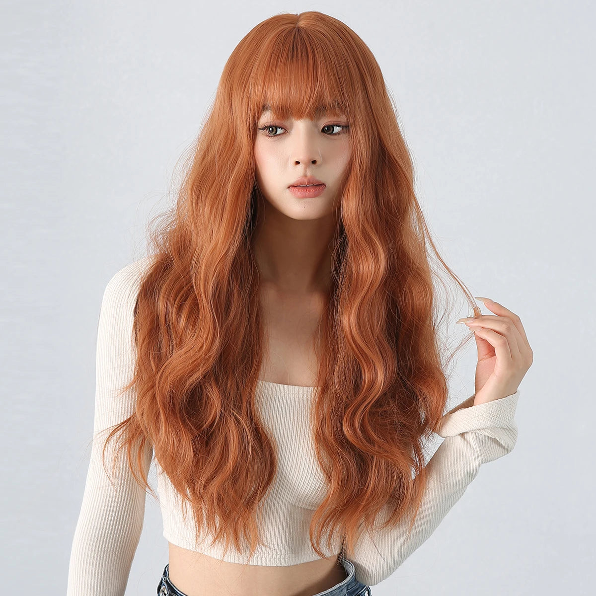 Copper Ginger Red Brown Synthetic Wig – Long Fluffy Wavy Wig with Bangs, Heat-Resistant Cosplay & Daily Wear Hair for Women