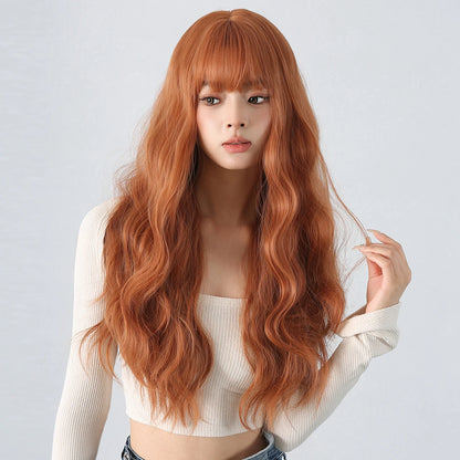 Copper Ginger Red Brown Synthetic Wig – Long Fluffy Wavy Wig with Bangs, Heat-Resistant Cosplay & Daily Wear Hair for Women