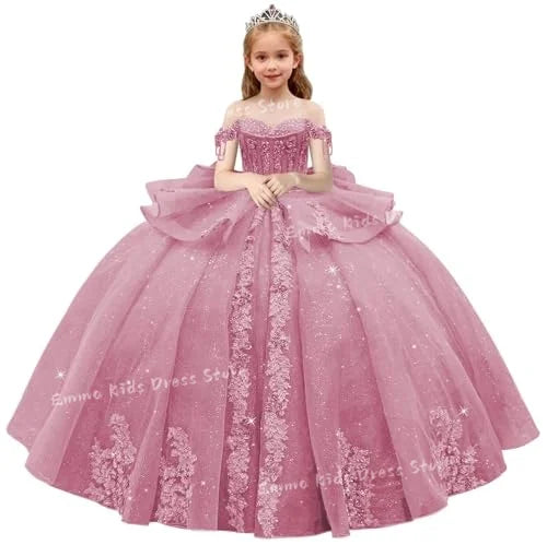 Lace Flower Girl Dress - 3D Floral Appliqué, Beading & Long Bow Ball Gown