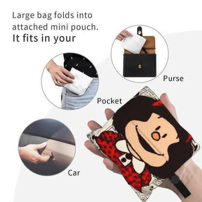 Anime Mafalda Cartoon Grocery Tote Bag – Large Capacity Fashion Shopper Shoulder Handbag, Portable Kawaii Canvas Bag for Everyday Use