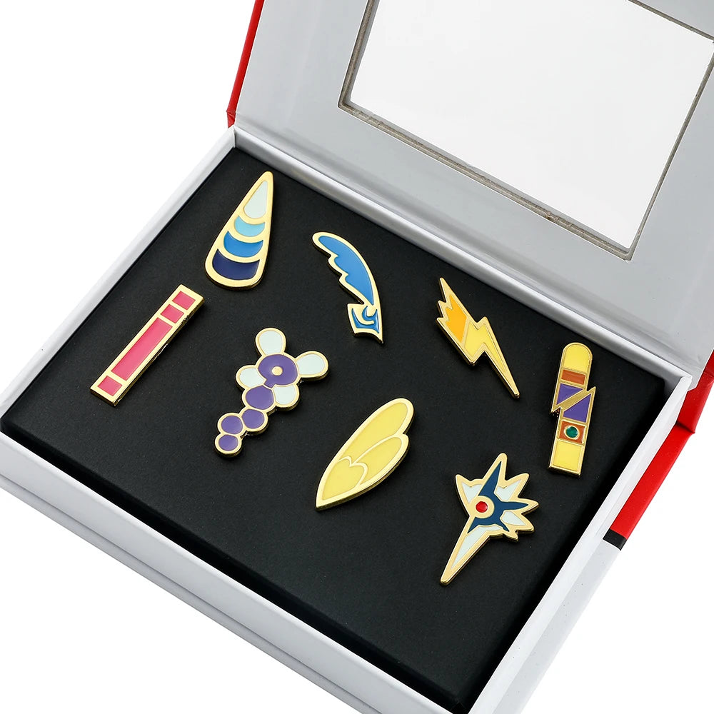 Pokemon Gym Badge Pin Set - Kanto to Kalos League Region Collectible Brooch Box