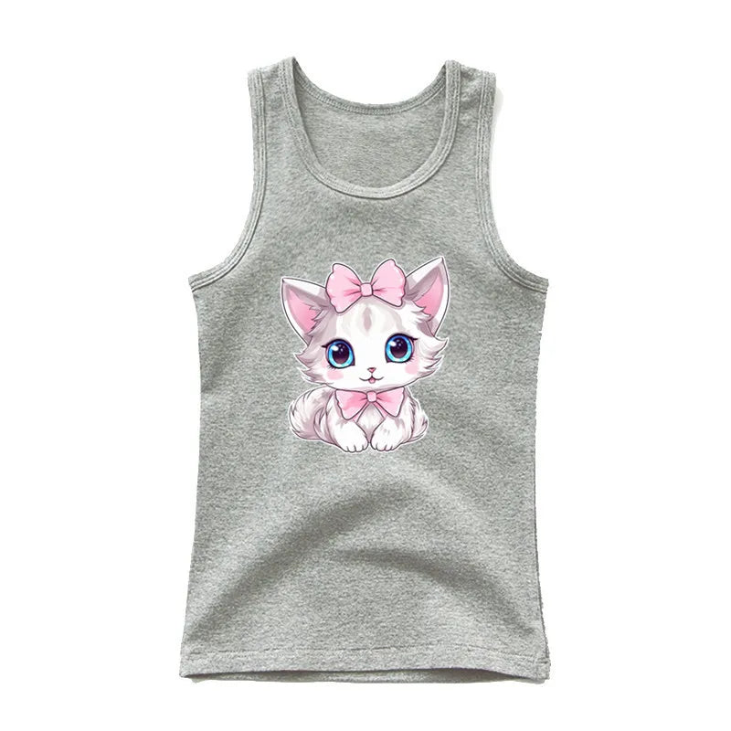 Girls Owl Print Tank Top - Sleeveless Cotton Sports Vest Shirt for Kids 3-14 Years