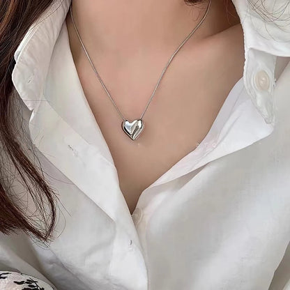 Silver Heart Pendant Necklace for Women – Trendy Korean Snake Chain Choker Jewelry