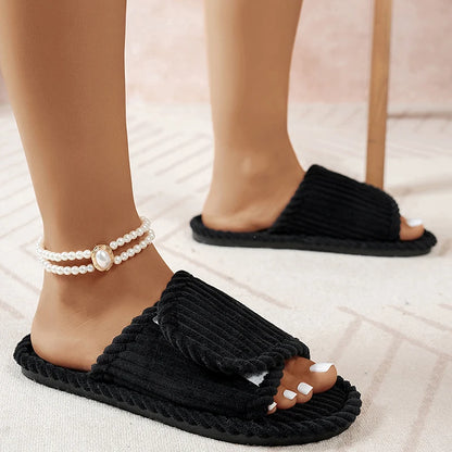 Women’s Corduroy Open Toe Flat Heel Home Slippers – Lightweight Non-Slip Indoor Bedroom Comfort Slides