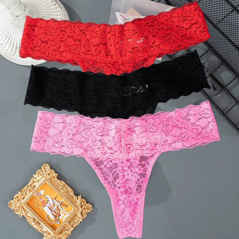 3PCS Lace Floral Women’s Panties - Low Waist Breathable Briefs & Thong, Sexy G-String Transparent Underwear (M-2XL)