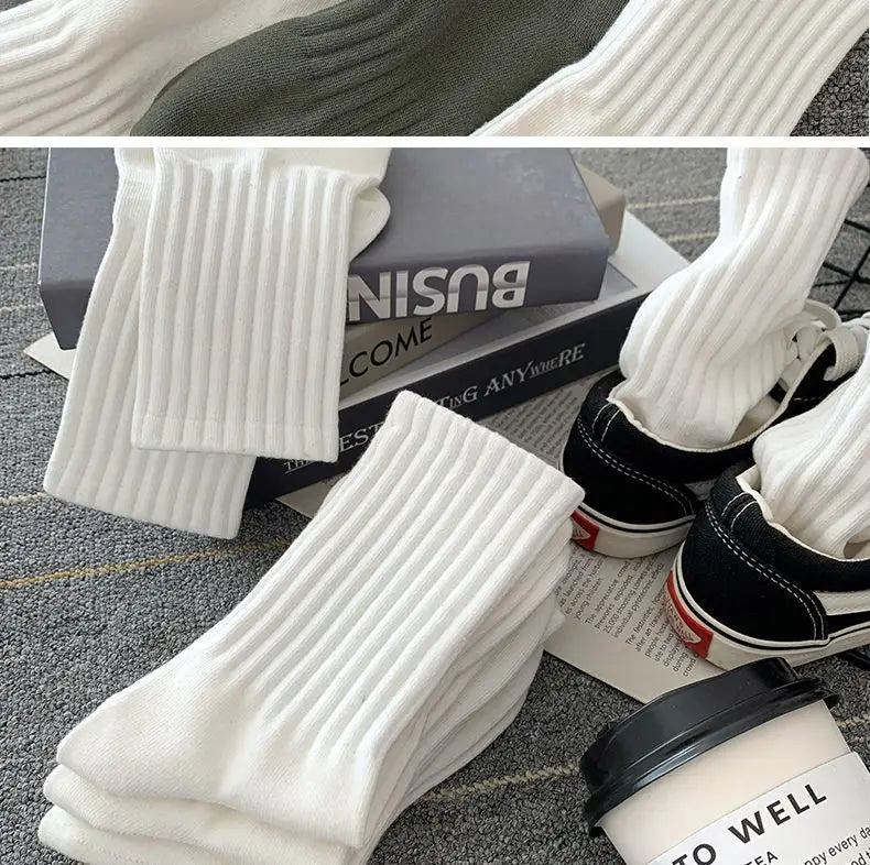 5 Pairs Cool Men's Socks Set – Black & White, Warm Autumn/Winter Sport Short Socks, Solid Color for Men