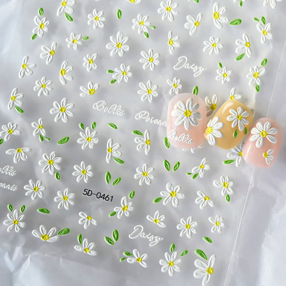 5D Daisy Nail Art Stickers - White Flower & Green Leaf Embossed Decals for DIY Spring Summer Nail Decoration