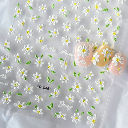 5D Daisy Nail Art Stickers - White Flower & Green Leaf Embossed Decals for DIY Spring Summer Nail Decoration