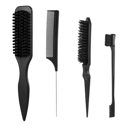4Pc Boar Bristle Hair Brush Set - Slick Back Styling Tools for Ponytails, Buns, Baby Hair and Flyaway Control