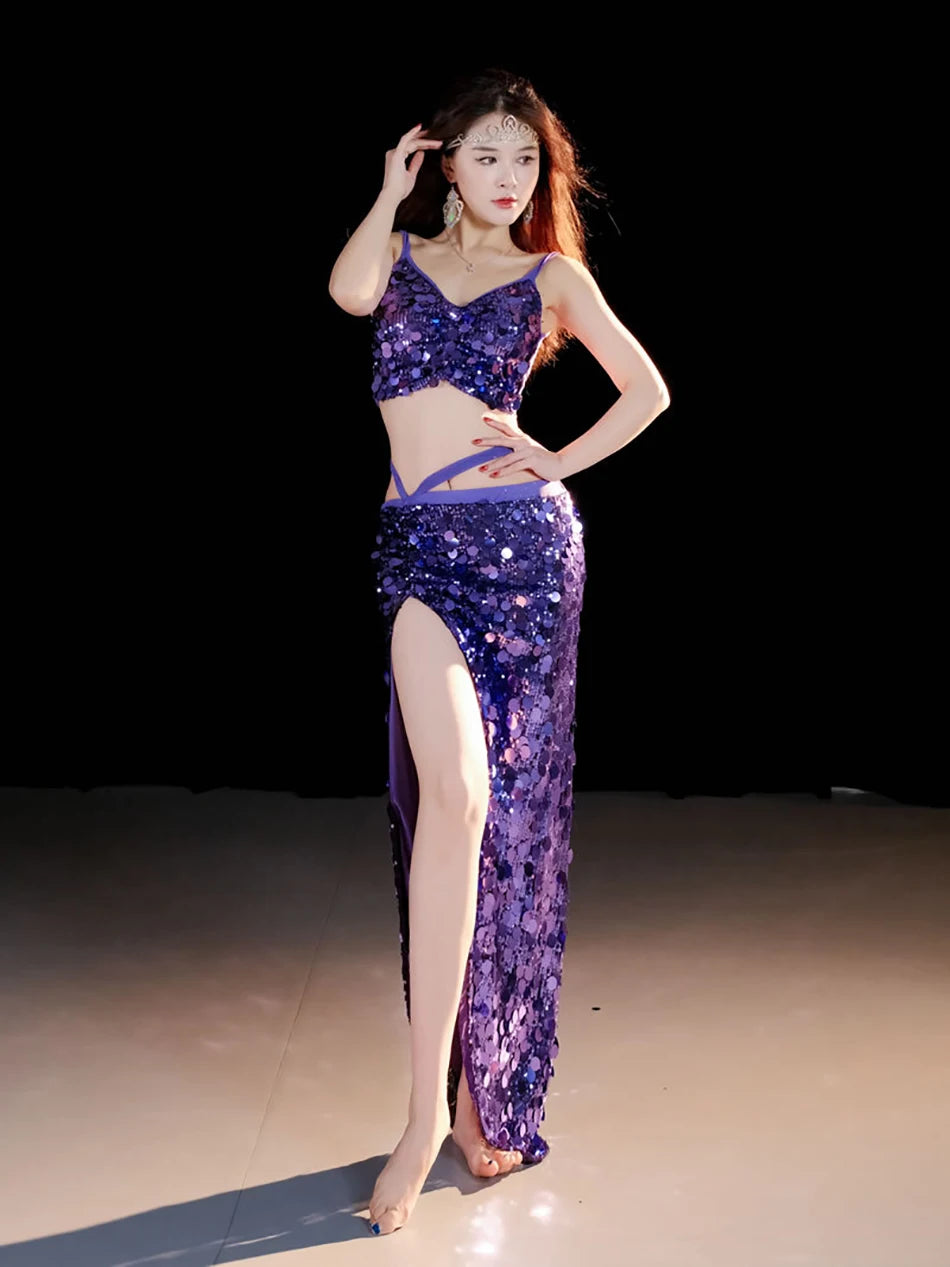 2-Piece Belly Dance Costume Set for Women – Sexy Sequin Top & Skirt Outfit for Stage Performance & Training