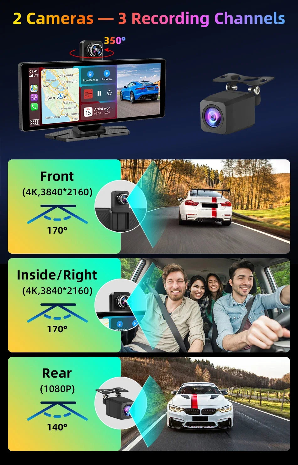 7"/10.26" 4K Dash Cam — Car DVR with Wireless CarPlay, Android Auto, 350° Rotating Lens, GPS & Bluetooth