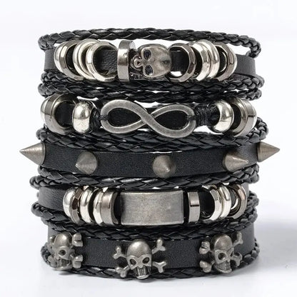 5PCS Punk Bracelet Set - DIY Braided PU Leather Beaded Metal Wristbands