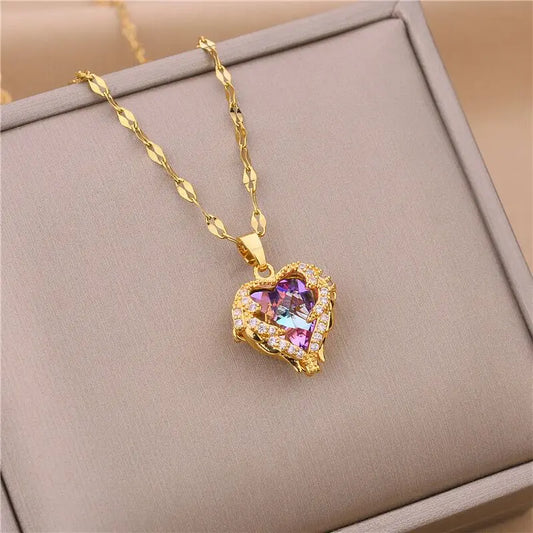Top Luxury Colorful Crystal Ocean Heart Pendant Necklace – Trendy 316L Stainless Steel Jewelry for Women, Wedding Neck Chain