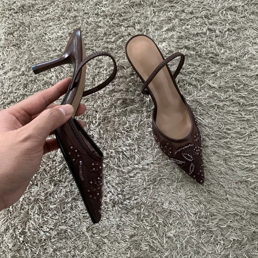 2026 Beaded Mesh Slingback Heels - Women's Pointed Toe Luxury Summer High Heel Sandals