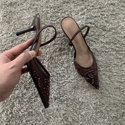 2026 Beaded Mesh Slingback Heels - Women's Pointed Toe Luxury Summer High Heel Sandals