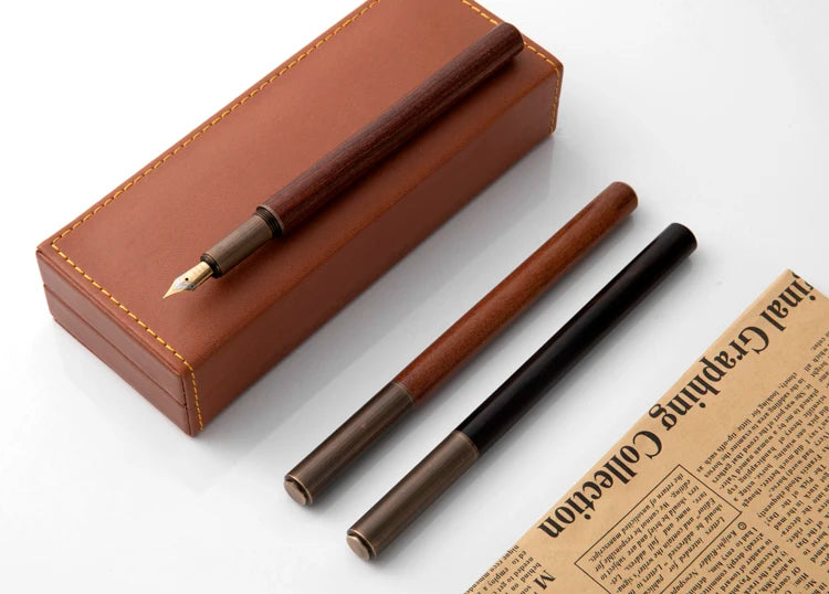 Luxury Retro Wood & Bronze Fountain Pen – 0.5mm Calligraphy Ink Pen for Office, Business & Gift Stationery