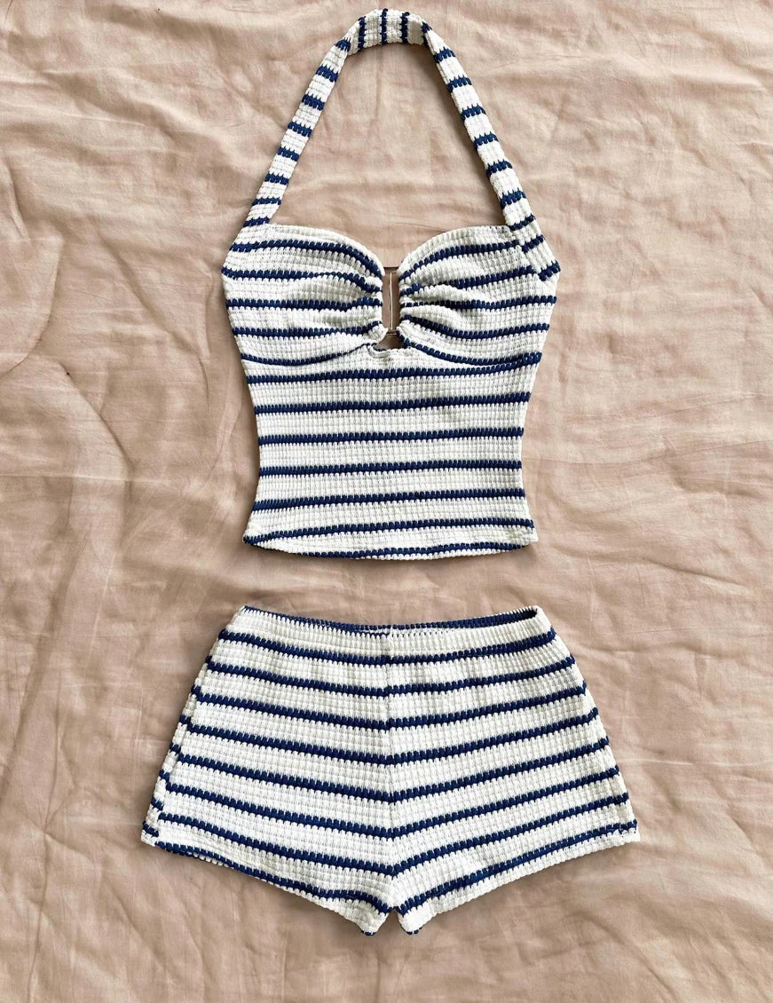 Summer Textured Knit Halter Top & Shorts Set - Classic Nautical Stripe Two-Piece Breathable Outfit