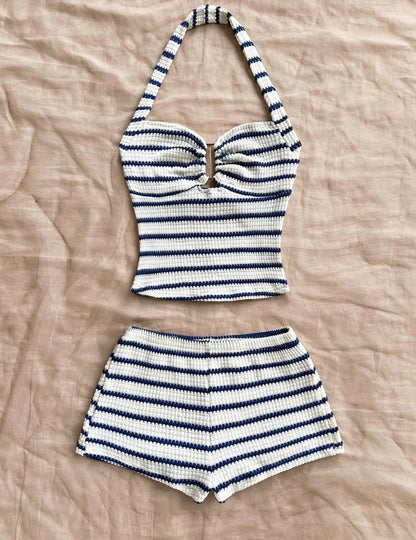 Summer Textured Knit Halter Top & Shorts Set - Classic Nautical Stripe Two-Piece Breathable Outfit