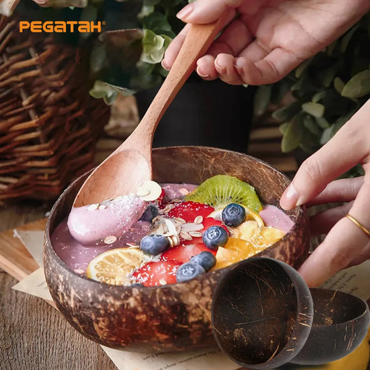 Natural Coconut Bowl and Spoon Set - Eco-Friendly Wooden Tableware for Kitchen and Dining