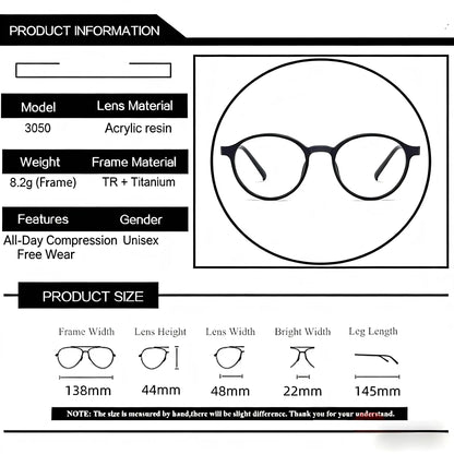 Ultra-Light Retro Round Glasses Frame for Men & Women, TR90 Titanium Fashion Eyewear for Daily Office & Everyday Wear