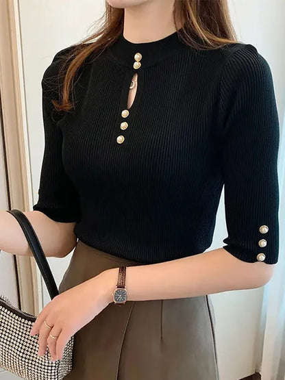 2024 Spring Autumn Korean Fashion Solid Sweater - Women's Short Sleeve Casual Slim Pullover Knitted Top