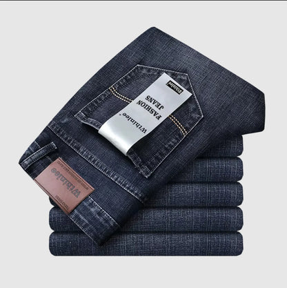 Men's Classic Stretch Jeans - Business Casual Straight Leg Denim Work Trousers in Blue & Black