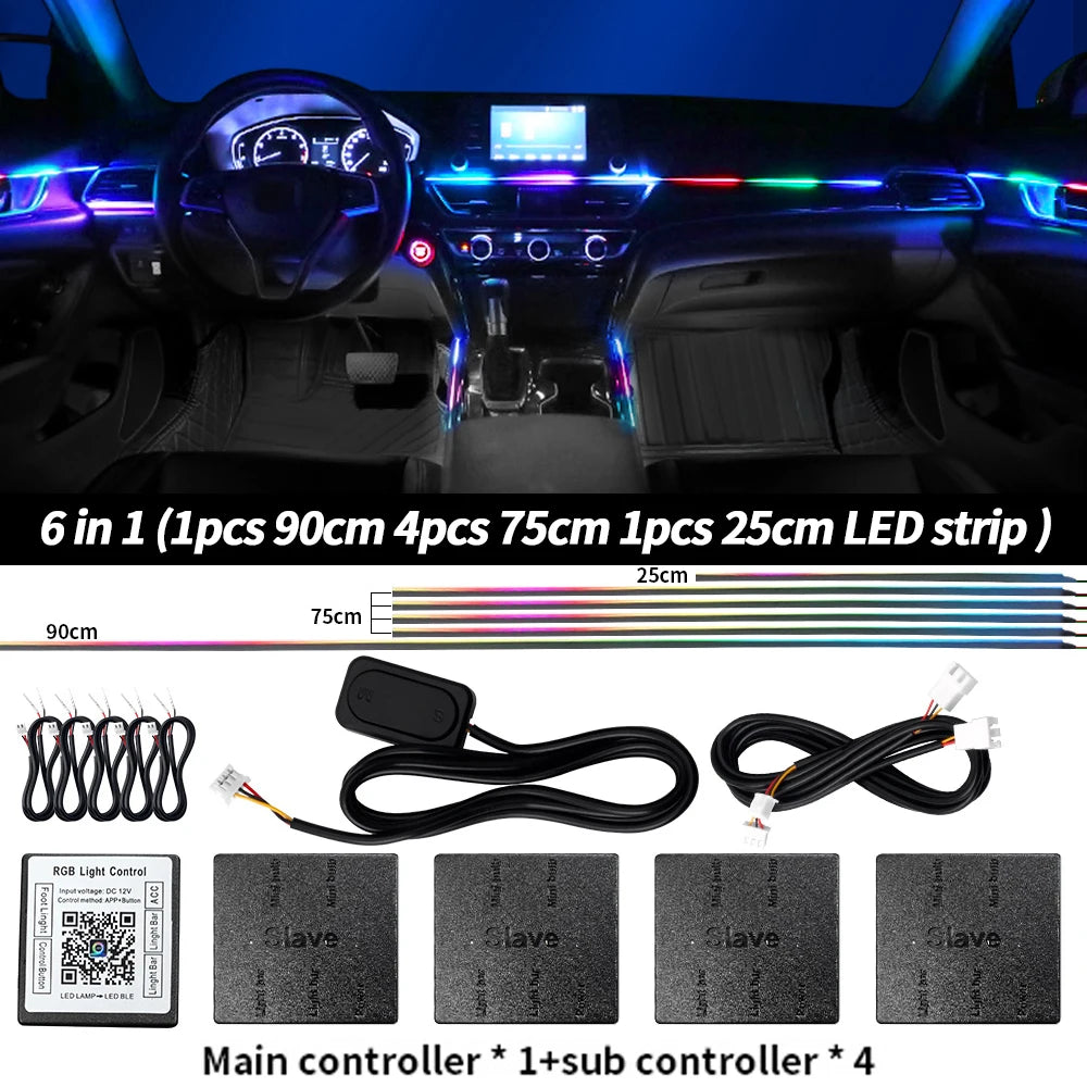 6/10/14/18 in 1 RGB LED Car Ambient Light - APP Controlled Acrylic Interior Atmosphere Strip with 64/213 Color Symphony Lighting