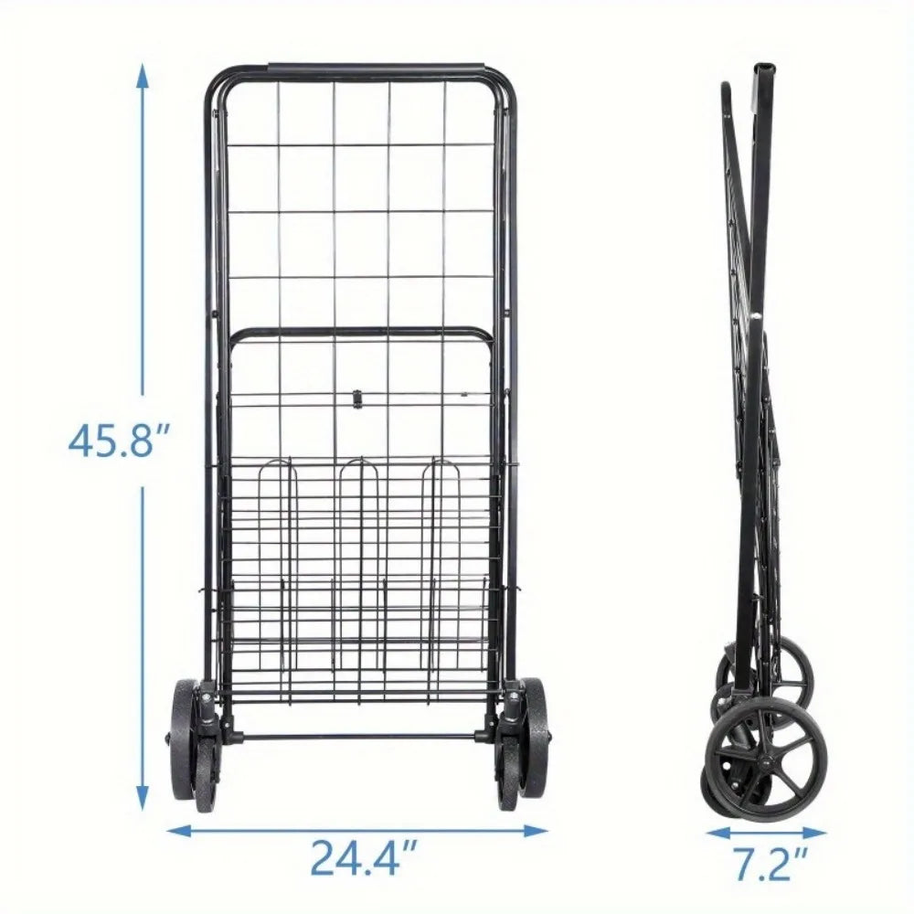 Foldable Shopping Cart with Wheels — Durable Black Utility Basket Trolley for Market & Home Use