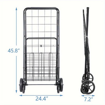 Foldable Shopping Cart with Wheels — Durable Black Utility Basket Trolley for Market & Home Use